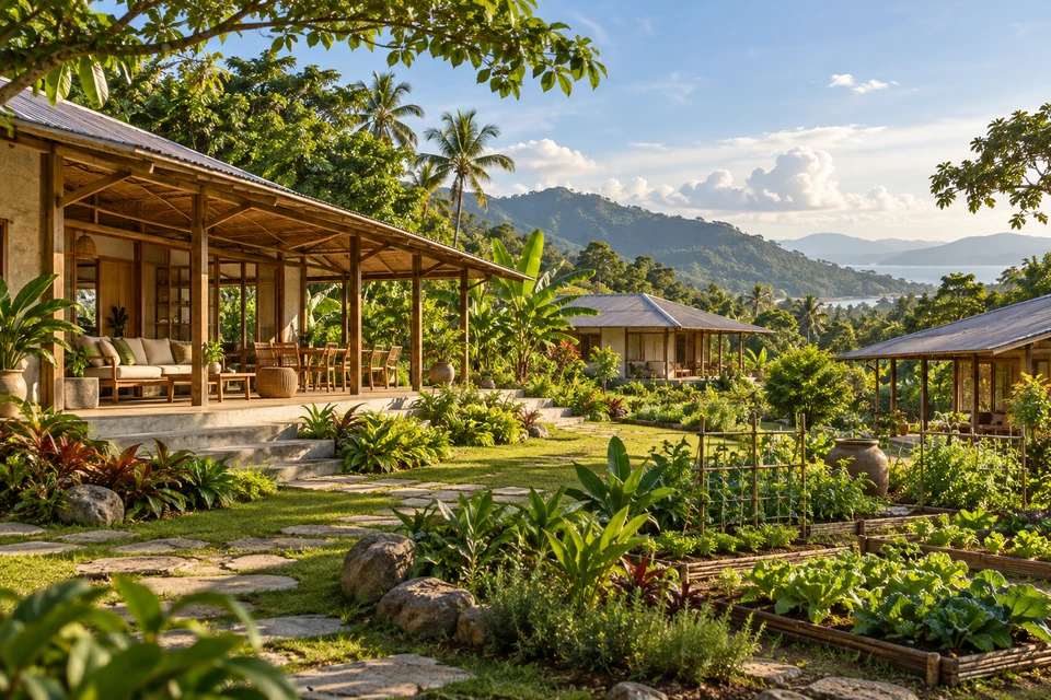 AI concept visualisation of a tropical retreat center and organic garden