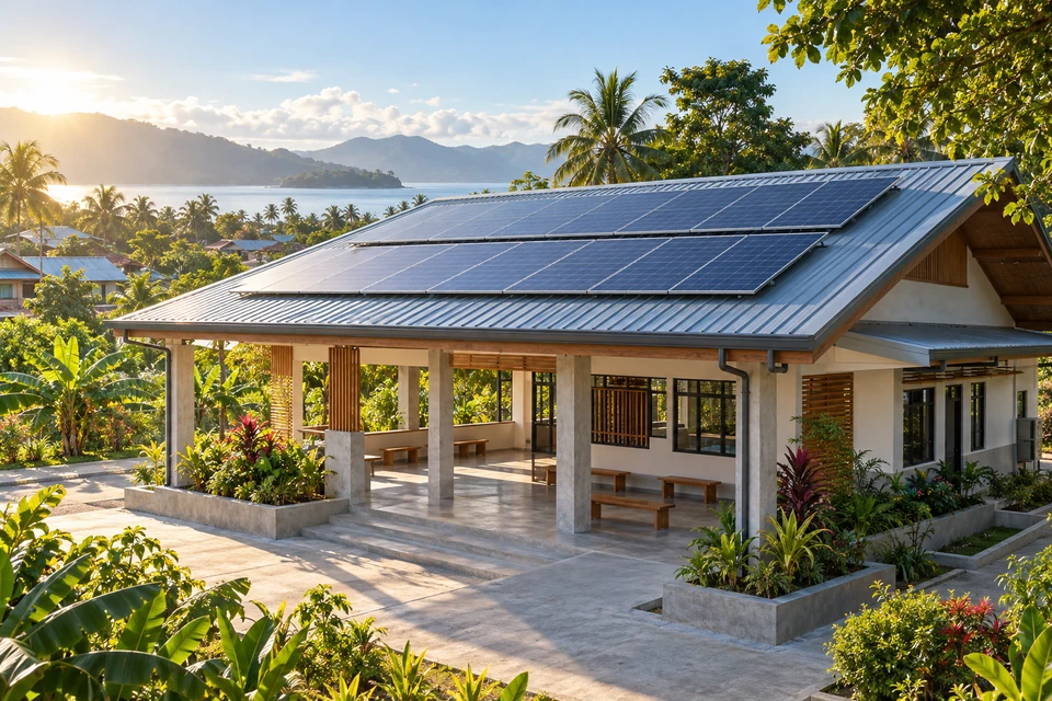 AI concept visualisation of rooftop solar panels on a proposed community center